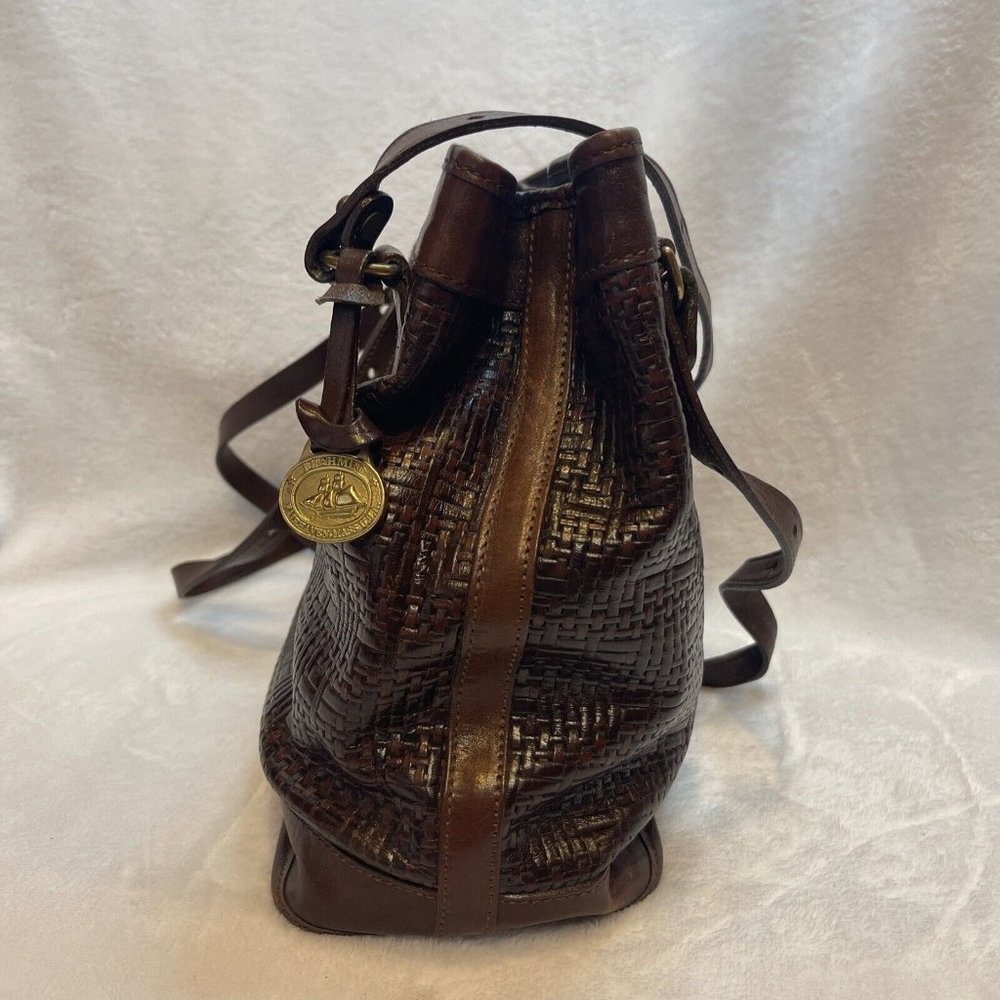Brahmin Vintage Woven Leather Cognac Brown Shoulder Bucket Bag - VGUC - Picture 4 of 12